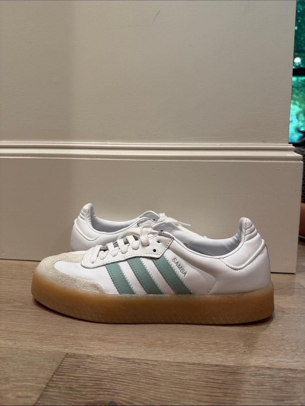Adidas Samba White with Mint Stripes and Gum Sole barely worn